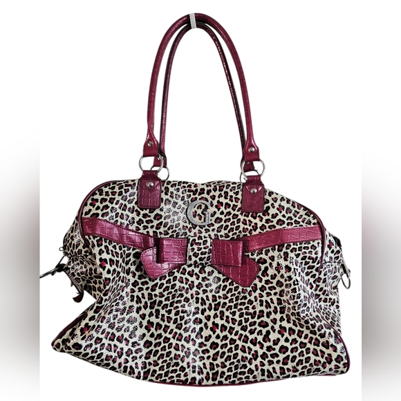 Guess Leopard Print Duffel Bag Burgundy Faux Croc Trim Bow Y2K Handbag Rare HTF - Picture 2 of 10